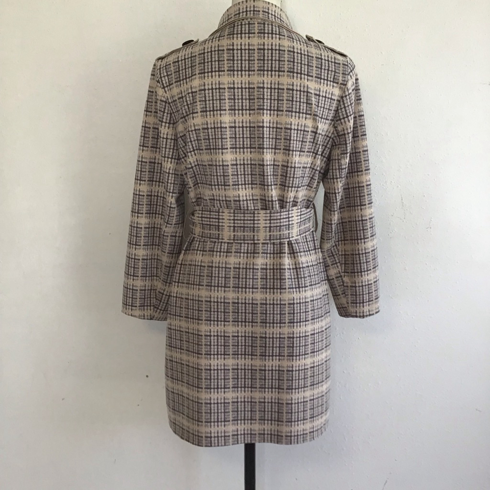 Solitaire Women Plaid Double Breasted Tie Belt Trench Jacket S Beige Black - Picture 3 of 15